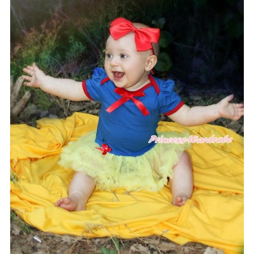 Snow White Royal Blue Red Ruffles Baby Bodysuit Jumpsuit Yellew Pettiskirt with Red Ribbon Bow JS3355
